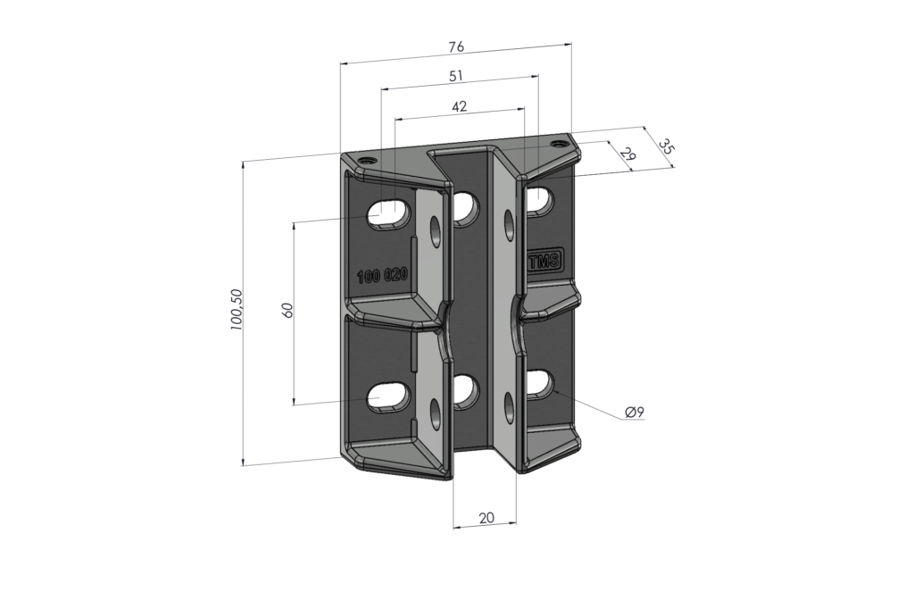 TMS Lift aluminium elevator guide shoe 100 020 technical drawing