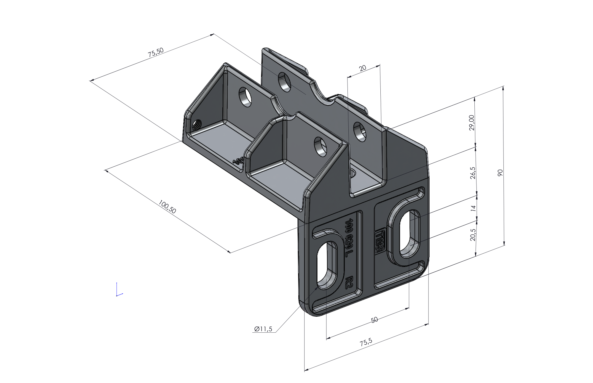 TMS Lift aluminum guide shoe model 100 020 L technical drawing