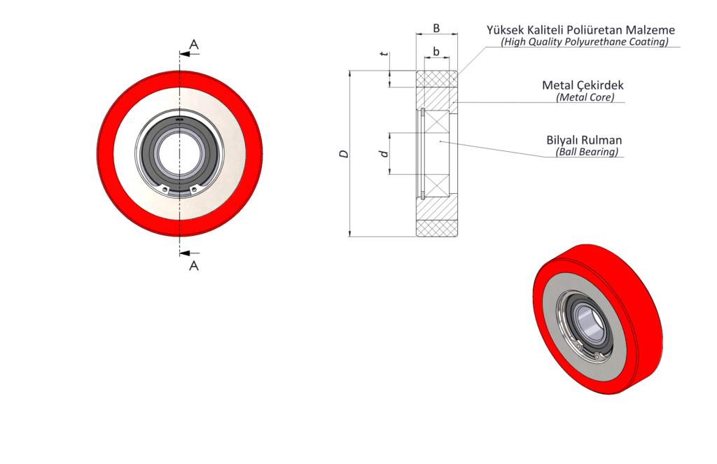 TMS Lift asansör paten tekeri (makara) teknik çizimi
