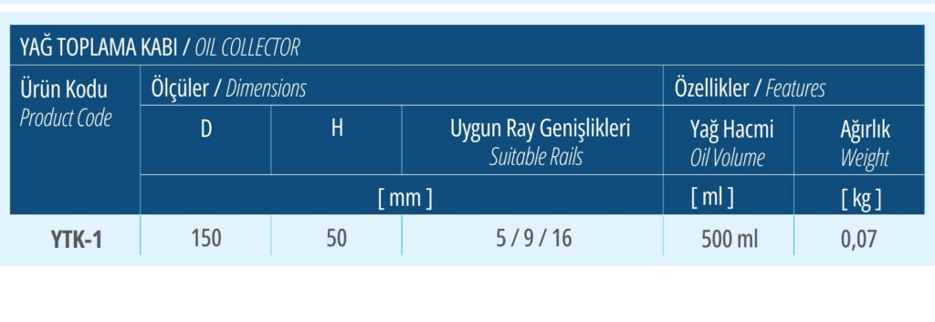 elevator oil collection cup dimensions and specifications table