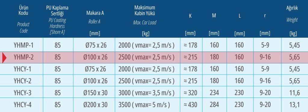 TMS Lift Yüksek Hızlı Makaralı Paten asansör parçası modelleri ölçü ve değer tablosu